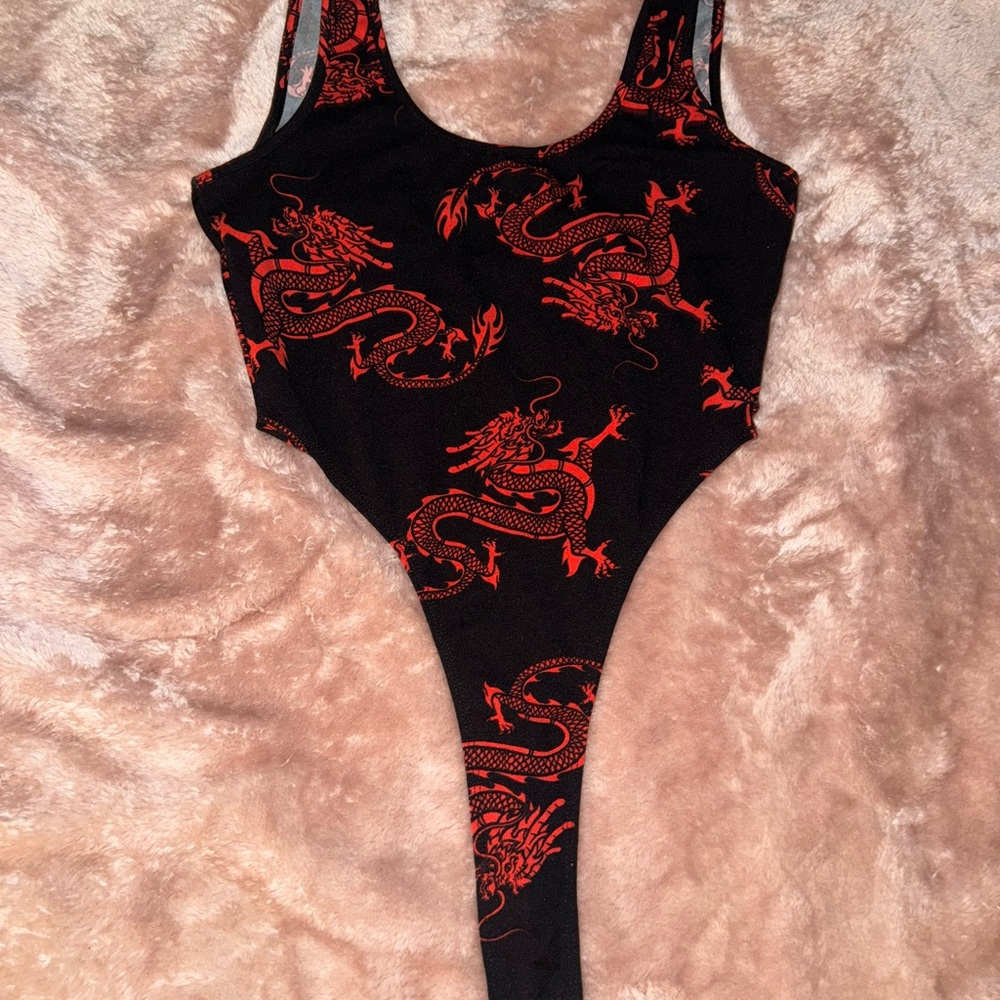 Fashion Nova Black and Red Bodysuit with Dragon Print